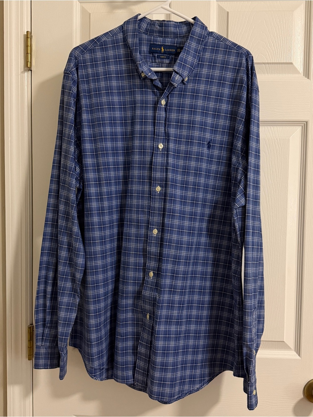 Ralph Lauren Men’s Blue Plaid Long-Sleeve Slim-Fit Button-Down Shirt XXL 18.5